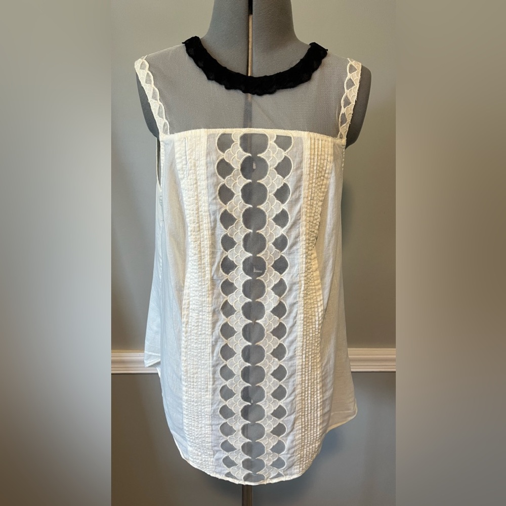 Anthropologie Ivory Cotton Sleeveless Blouse with Sheer Insets Size 8